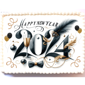 NYE 2024 A4 Black and Gold Feather Party Cake Topper