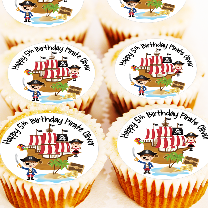 Personalised Pirate Cupcake Toppers - 4cm x 24