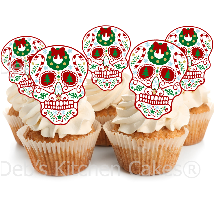 Christmas Sugar Skull Stand Up Cake Toppers - PRE CUT - 4.5cm x 12
