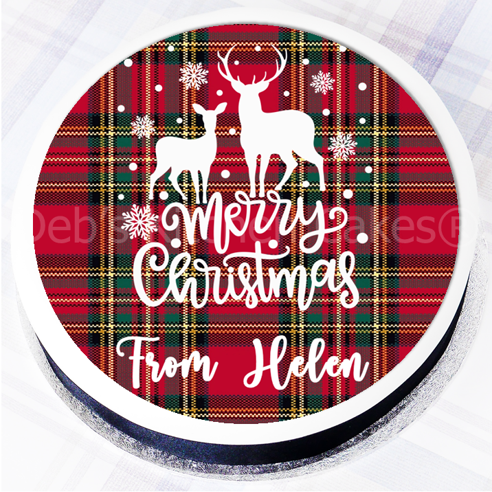 Personalised Tartan Stag Christmas Cake Topper 7.5" Round