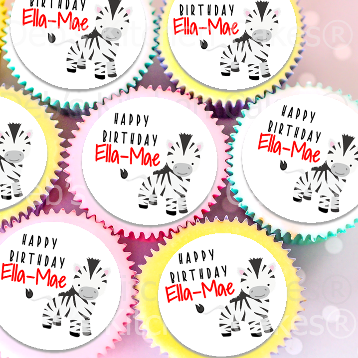Personalised Zebra Cupcake Toppers - 4cm x 24