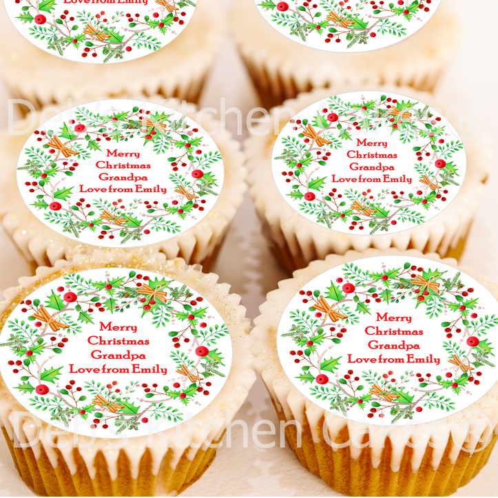 Personalised Christmas Wreath Cake Toppers - 4cm x 24