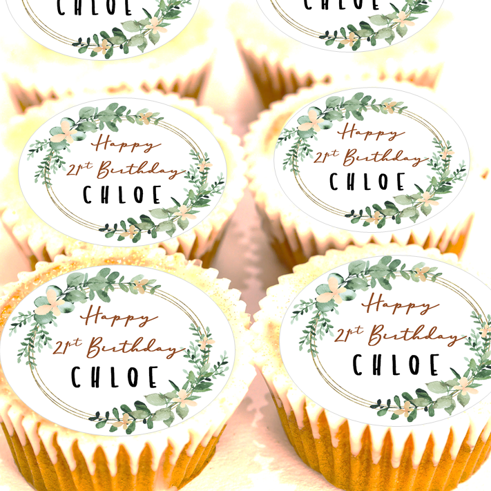 Personalised 21st Birthday Foliage Cupcake Toppers- 4cm x 24