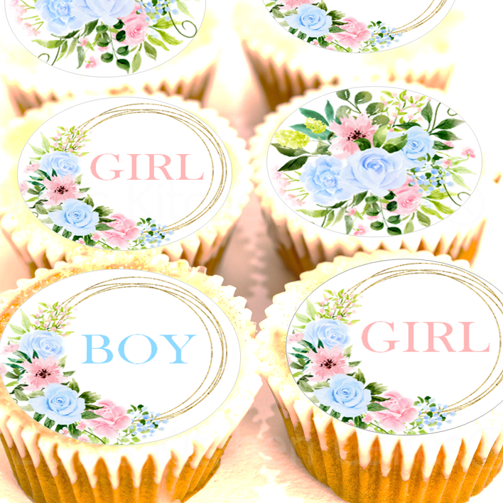 Girl Boy Reveal - Blue Flowers - Cupcake Toppers - 4cm x 24