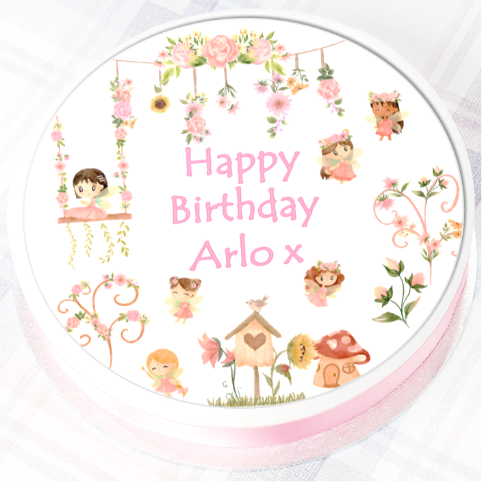 Personalised Fairy Flowers Cake Topper - 7.5" Round